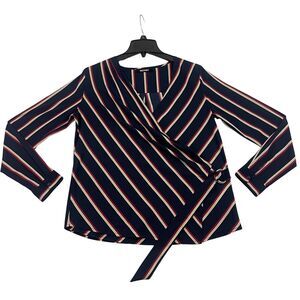 Misguided Blouse Womens Size 10 Striped V Neck Surplice Wrap Long Sleeve Top